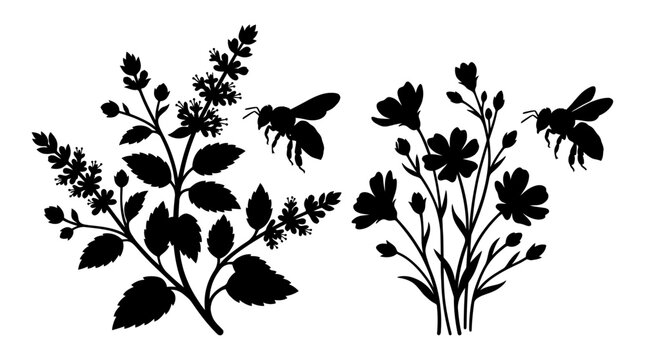 Black floral silhouette set with flowering plant stems, bee insect vector, wildflower cutting design Vector