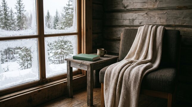 Cozy cabin interior with a warm blanket on a chair by a frosted window in winter