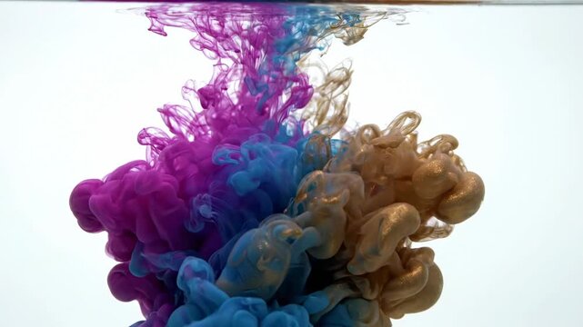 Bright colors of ink swirl and mix in clear water. The movement creates interesting shapes and patterns. This occurs in a clear container