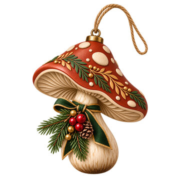 Decorative Christmas Mushroom Hanging Ornament in Rustic Red and Green Colors Isolated on Transparent Background