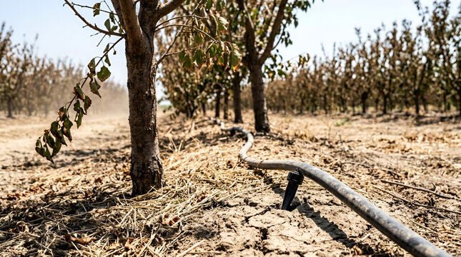 Climate adaptation Drip irrigation lines through a drought-stressed orchard