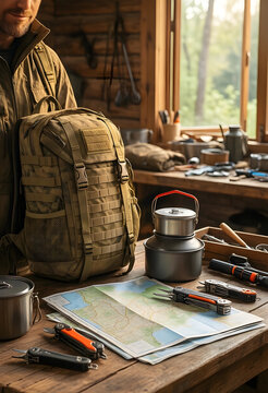 Adventure travel planning, hiker preparing gear with backpack and map for wilderness expedition in rustic cabin interior with camping equipment