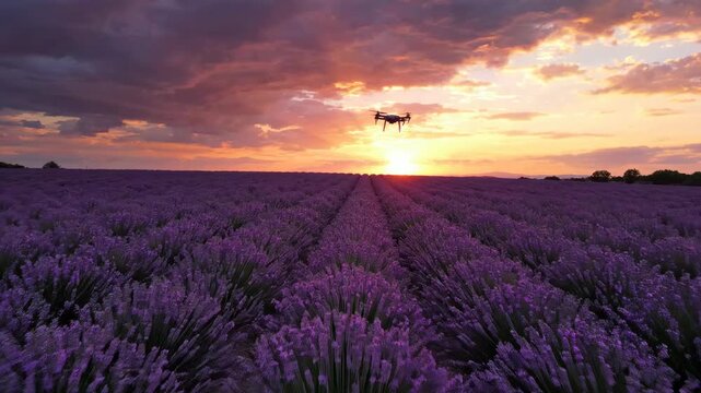 A large lavender farm is seen during sunset with many blooming lavender plants covering the ground. The sky shows bright colors of orange and purple as the sun sets