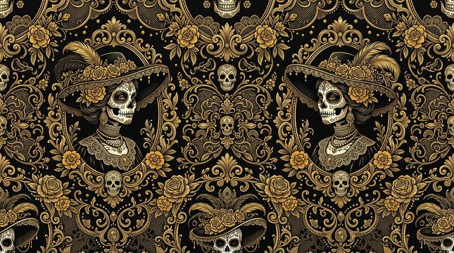 Day of the dead ornate seamless pattern with catrina skulls, golden roses, and elegant floral elements on black background.