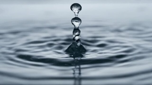 A water droplet falls from a height and hits a surface. The impact creates a splash. The moment captures the details of the water's movement in slow motion