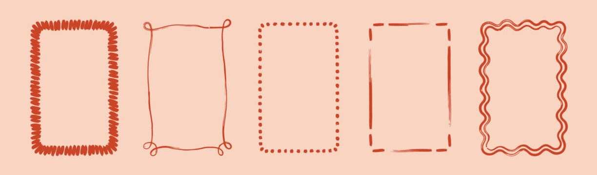 Set of five different hand drawn rectangular frames with unique textures isolated on light peach background for creative artistic projects and social media layouts as versatile vector elements