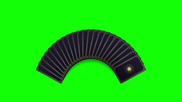 Dark cards with gold star spreading into a fan shape on green screen