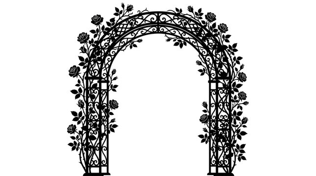 Black wrought iron floral archway vector set, romantic wedding trellis frames with roses, elegant garden entryway design elements for invitations decor Vector