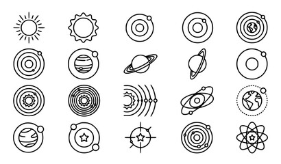 Solar System and Orbiting Planets Linear Outline Icon Set © MD