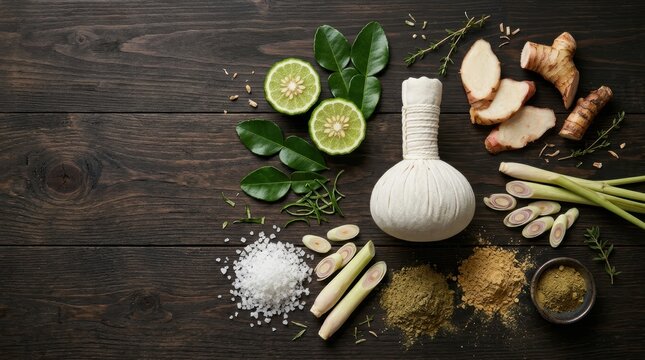 Aromatic herbal spa ingredients including kaffir lime lemongrass ginger and powder on a dark wooden surface
