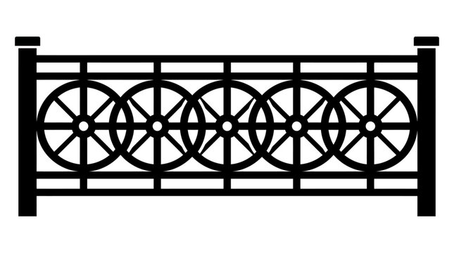 Black ornate iron fence pattern, decorative railing barrier with circular wheel designs, architectural vector element for exterior architecture Vector