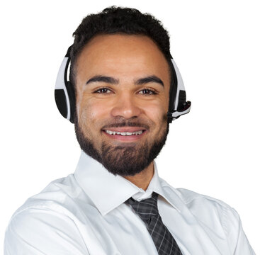 Customer service representative smiling while wearing a headset in a plain background