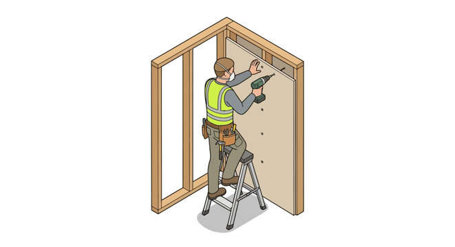 Construction worker standing on a stepladder while installing drywall panels on interior framing.