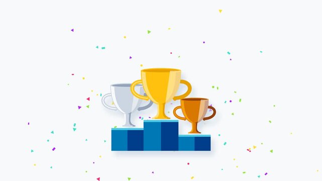 Animated Golden Silver And Bronze Trophy Cups Appearing On Podium With Confetti For Competition Ranking First Place Award And Victory Concept