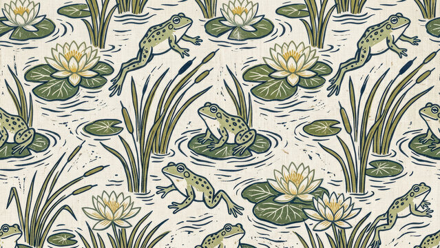 Vintage block print seamless pattern with green frogs leaping among water lilies, cattails, and pond reeds on linen texture.

