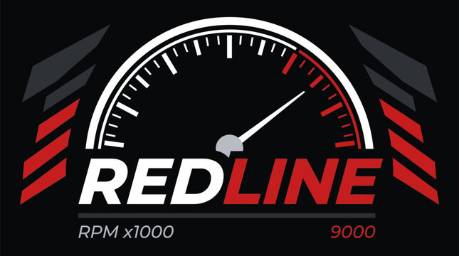 High performance tachometer gauge illustration showing redline limit at 9000 RPM with sleek modern design for automotive marketing racing branding and car enthusiast merchandise graphic projects