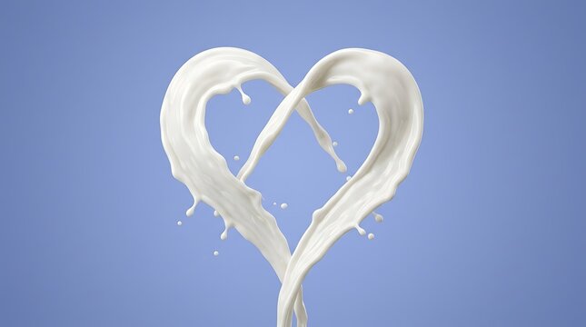 White milk splash shaped as a heart isolated on a soft blue