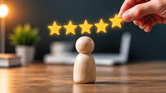 A hand placing a five star rating above a wooden figure on a desk to represent customer satisfaction, quality service, and excellent feedback in a business setting.