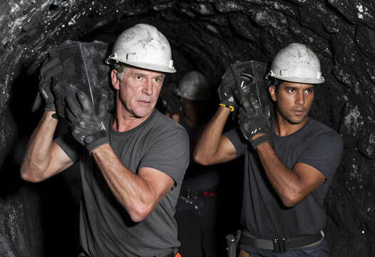 Coal mining industry and labor, miners carrying heavy rocks in dark underground tunnel with safety helmets and protective gear for energy production