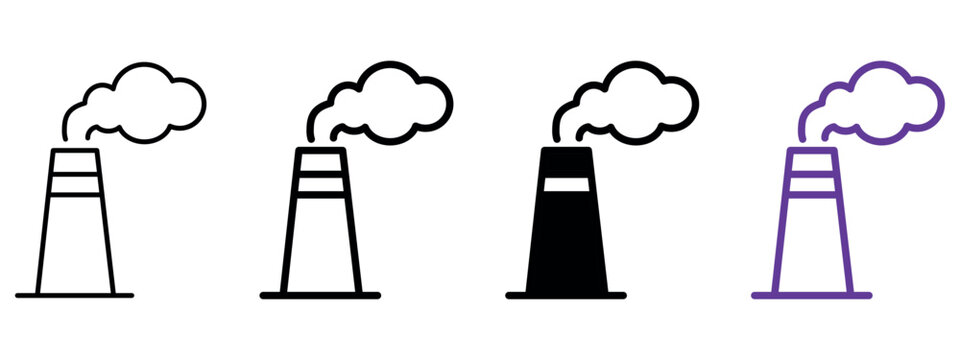Industrial smokestack icon representing factory emissions, industrial pollution, power generation, and environmental impact. Minimal black outline and solid vector styles.