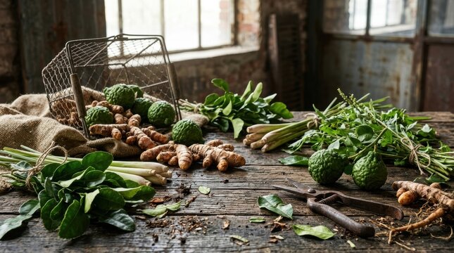 A rustic wooden table displays an assortment of fresh aromatic herbs and spices including lemongrass turmeric and kaffir limes