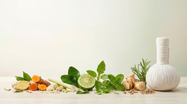 Assortment of fresh herbs spices and a herbal compress for spa and wellness treatments