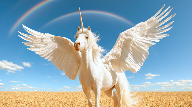 White winged unicorn with horn standing in golden field under blue sky with double rainbow
