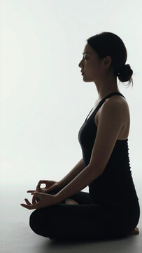 Profile silhouette of woman meditating in zazen pose with bright morning sunlight background, copy space on the left, side view, Vertical image