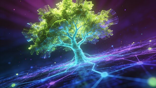Glowing green blue purple digital tree growing from connected network grid.