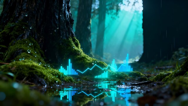 Rainy forest path with glowing blue cyan financial bar charts reflecting.