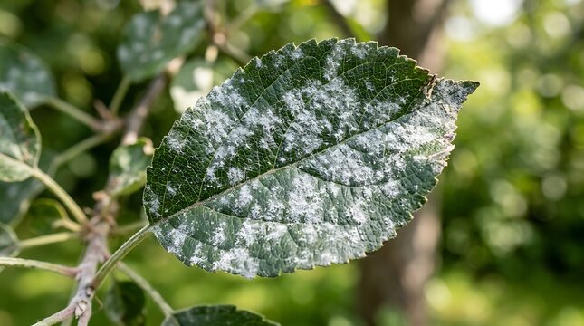 Green apple tree leaf infected with powdery mildew fungus disease in
