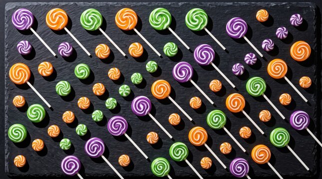 Colorful swirl lollipops in purple green and orange arranged on a black slate board