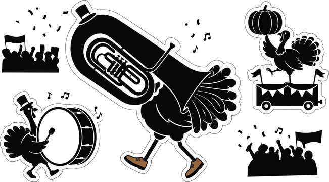 Thanksgiving parade marching band sticker set featuring silhouette turkey playing tuba bass drum and festival parade float illustration,
