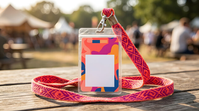 Colorful festival lanyard with blank badge for event access or identification, placed on a wooden surface with a blurred outdoor background