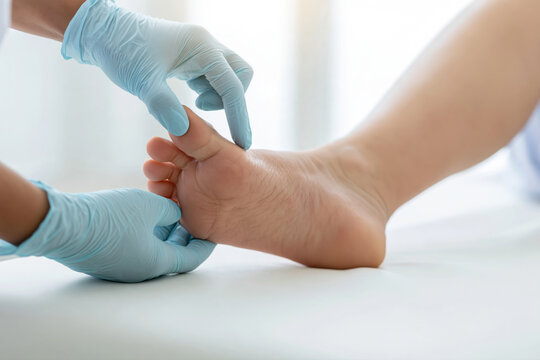 Podiatrist examining a patient&rsquo;s big toe with gloved hands, close-up foot assessment in a bright clinical setting