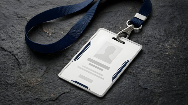 Professional blank identification badge and blue lanyard on a dark slate textured background for corporate events or office access