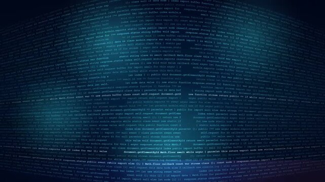 Complex programming code scrolling down on glowing dark blue computer monitor during software development process