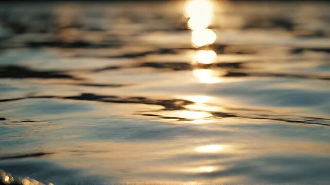 Golden Sunlight Shimmering on Calm Lake Water Surface, Slow Motion, Serene Wellness Nature Background
