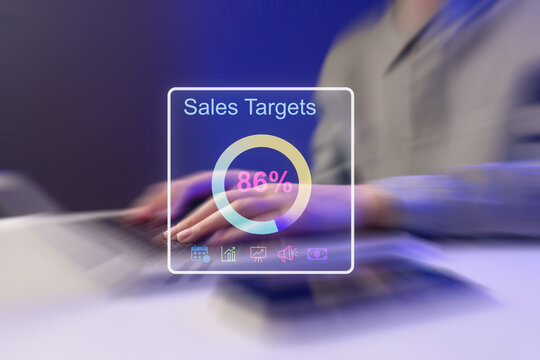 Working on sales targets with a progress indicator showing 86 percent achievement in a business setting