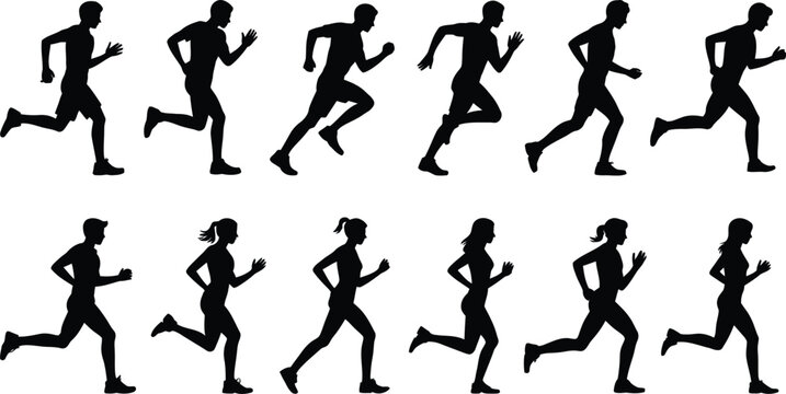 Set of black silhouettes showing male and female runners in various phases of a running stride, isolated on a clean white background