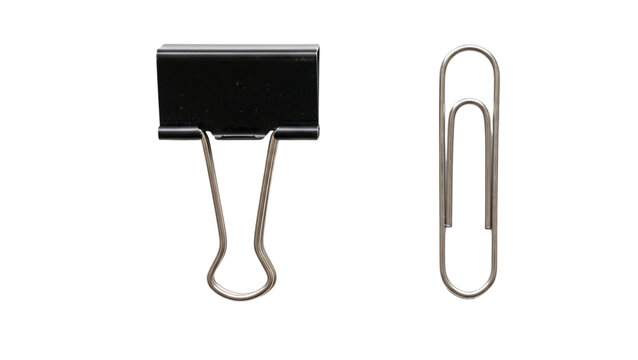 Classic black metal binder clip and silver paper clip isolated on transparent background for professional document management and office stationery design tasks.