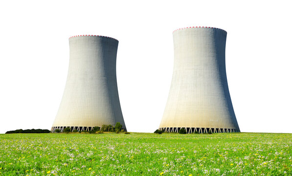 Nuclear power plant with cooling towers isolated on a transparent PNG background.	