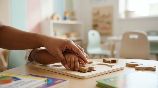 Close up of an adult hand helping a child with a wooden puzzle in a bright classroom.