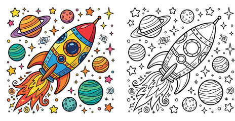 Colorful Cartoon Space Rocket Flying with Planets and Stars Vector © Dewan