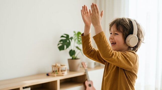 A happy young boy wearing wireless headphones clapping hands while listening to music at home.