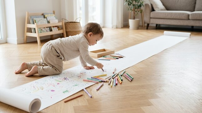 A cute toddler boy drawing with colorful crayons on a long paper roll on the floor in a bright living room.