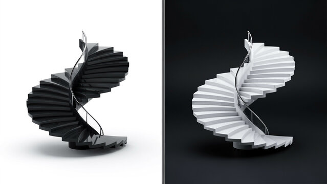 A split view of a spiral staircase with black steps on a white background, and white steps, on a black, background, showing architectural contrast