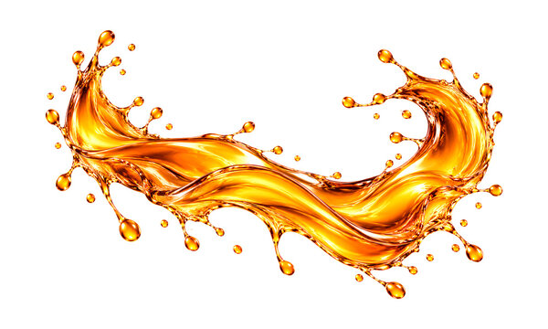 Golden oil splash isolated on white background. 3D illustration of premium luxury cosmetic liquid serum or gold essential oil