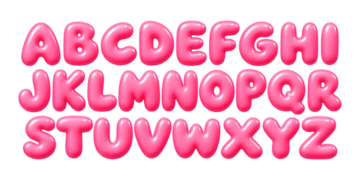 3D red plastic font. Bold bubble typescript. Y2K alphabet. Groovy candy letters. Three-dimensional round typeface isolated on transparent background.