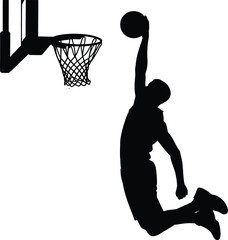 Black silhouette of a basketball player performing a powerful slam dunk into a hoop, isolated on a plain white background, for sports projects © Mi